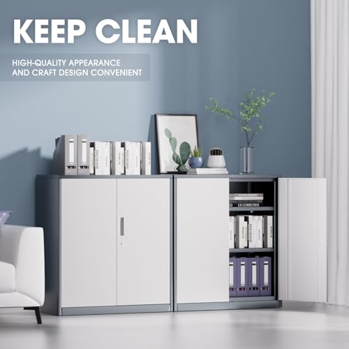 Image of DNA Motoring 36'' Metal Storage Cabinet, Locking Tool Cabinet with 2 Doors and 2 Adjustable Shelves, Heavy Duty Metal Locker for Garage,Office,Home,Gym, Gray White, TOOLS-00631-GY-WH-A