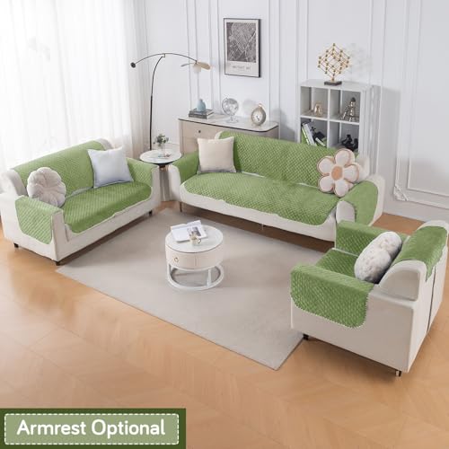 Image of HOKIPO Quilted Sofa Cover 6 Seater Set - Washable 3+2+1 Sofa Panel for Seat & Back | 'Quilt Classic' Green (IN-927+926+925 * 2-GRN)