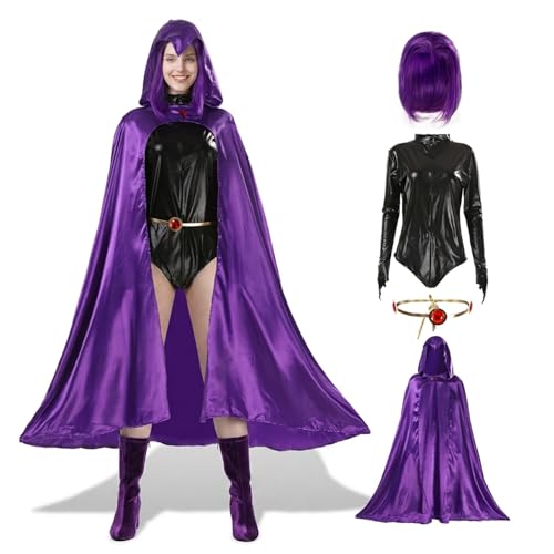 Batbblxn Purple Superhero Raven Costume Women Set Hooded Cape Cloak Bodysuit Gem Belt & Wig Gothic Halloween Fancy Dress for Women Cosplay Party (Medium)