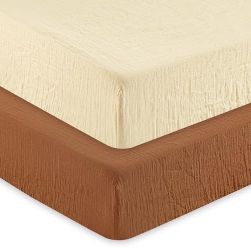Image of david's kids Muslin Crib Sheets for Boys Girls, 2 Pack 100% Cotton Soft Breathable Fitted Baby Sheet Set, 28x52 Inch Fits Standard Crib and Toddler Mattresses, Beige & Brown