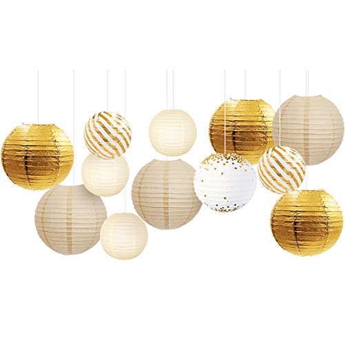 Nicrolandee Lot de 12 lanternes en papier à paillettes dorées et blanches pour décoration de fête, mariage, remise de diplôme, fête prénatale, anniversaire