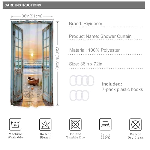 Image of Riyidecor Small Stall Beach Ocean Shower Curtain 36Wx72H Inch Blue Rustic Seaside Barn Door Sea Scenery Sunset Sandbeach Wood Hawaii Landscape Bathroom Decor Fabric Polyester Waterproof 7 Pack Hooks