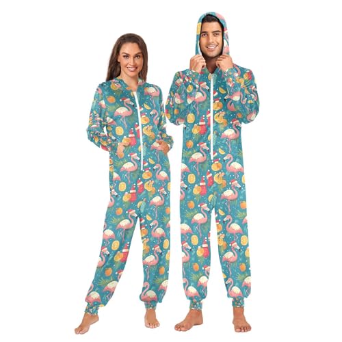 Pijama para mujer con capucha, pijama de maternidad retro de dibujos animados flamenco con sombrero de Navidad, ropa de dormir naranja, Flamenco retro de dibujos animados con sombrero de Navidad