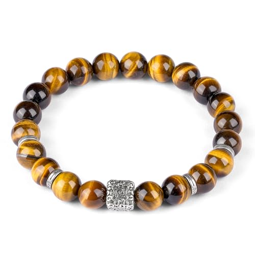 King Will Men's Yellow Tiger Eye Stone Bead Bracelet, 10mm Natural Gemstone Triple Protection with...