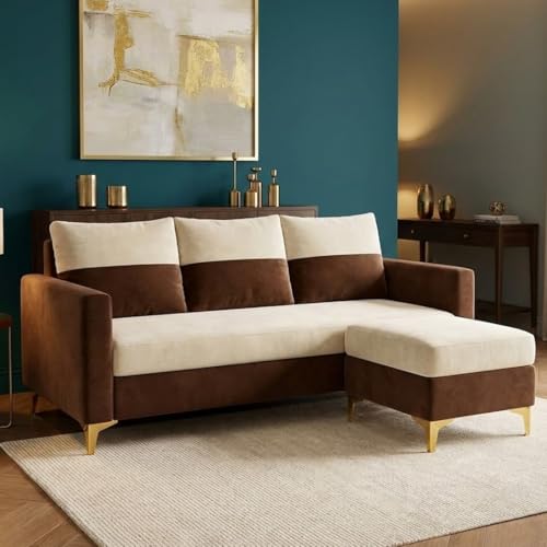 Image of FURNY Canvora 4 Seater L Shape Sofa Set with Movable Ottoman | Flexible Left or Right Layout | Plush Velvet Fabric (Cream-Brown) | Perfect for Living Room, Guest Room & Office