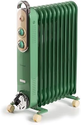 Ariete Vintage oil radiator, 11 Heating Elements, 2500W, 3 Power Levels, Handle and Wheels for Easy Transport, Green (By De'longhi Group)