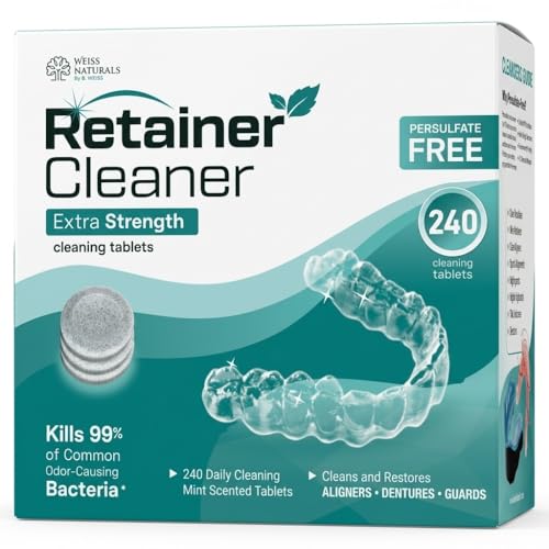 Weiss Naturals Retainer Cleaner Tablets, Remove Stains, Odors & Plaque, PERSULFATE FREE Night Guard & Denture Cleaner 1-Month Supply, 240 Mint Scented Tablets