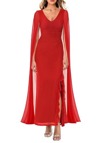 ADEWEL Women's V Neck Flowy Long Sleeve Side Split Sexy Mesh Ruched Formal Maxi Dress Cocktail Party Long Dresses with Cape Red