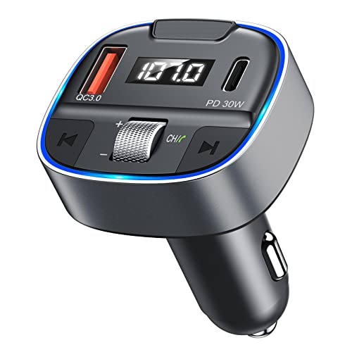 Octeso New Roller FM Transmitter for Car, Wireless FM Radio Adapter/Music Player/Car Kit with PD30W & QC3.0 Quick Charging, Bass Music, Ring Backlit, Hands-Free Calls