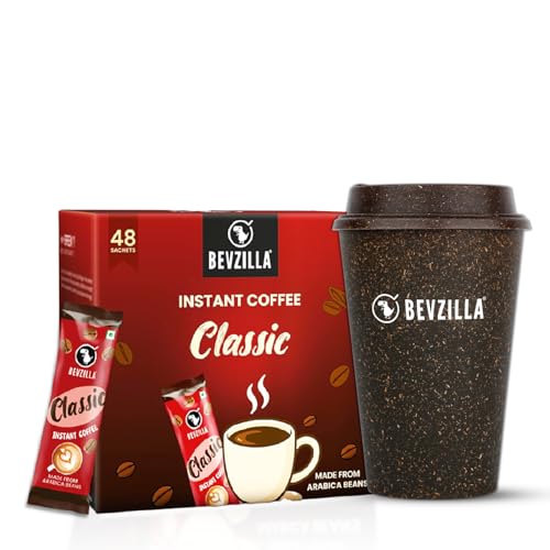 Image of Bevzilla 48 Classic Instant Coffee Sachets with Eco-Friendly Bio-Composite Tumbler | Bamboo Fiber, Coffee Husk & Rice Husk | Plastic-Free Cafe-Style Coffee Kit | Enjoy Hot & Cold