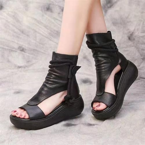 Women's Orthopedic High-Top Sandals Boots Retro Roman Fish Mouth Leather Hollow Chunky Heel Sandal Summer Y2K Walking Shoes3