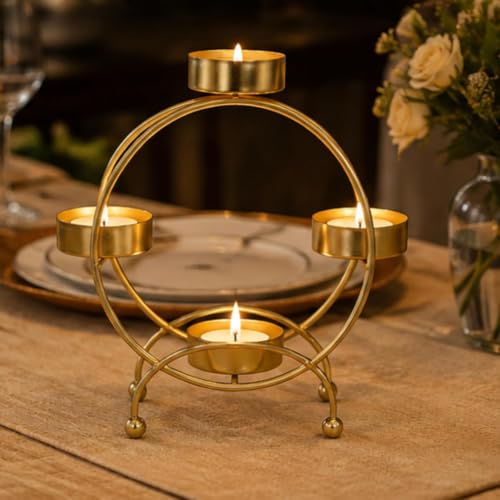 Image of Webelkart Premium Gold Tealight Candle Holder with 5 Candle Cups | Decorative Candle Stand for Home Decor, Living Room, Dining Table, Bedroom & Diwali Festive Decoration (7 inch Inches)
