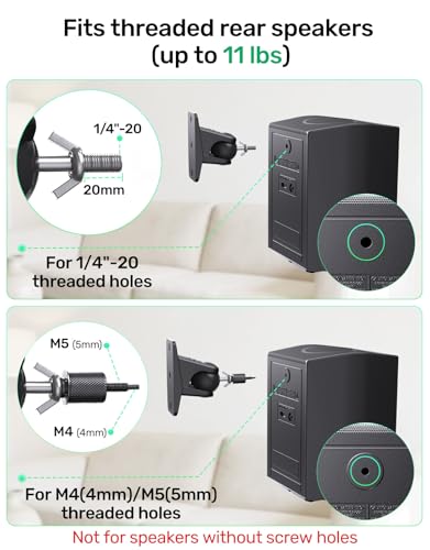 Image of Surround Sound Rear Speaker Wall Mount, Ceiling Mount Bracket for Universal Satellite, fits Thread Hole with 1 /4 inch- 20, 5mm & 4mm Thread, Works with Roku, Samsung q990D, Holds up to 11 lbs