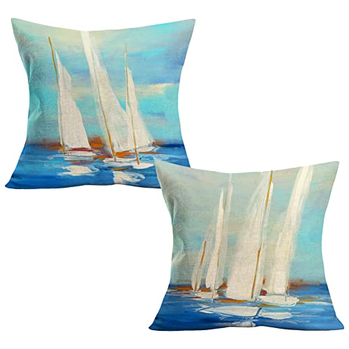 Qinqingo Set Of 2 Nautical Sailboat Throw Pillow Covers Abstract Oil Painting Pillow Cases 18X18 Inch Ocean Sea Sailing Boat Decorative Square Cotton Linen Cushion Cover For Home Sofa Couch #TOP23