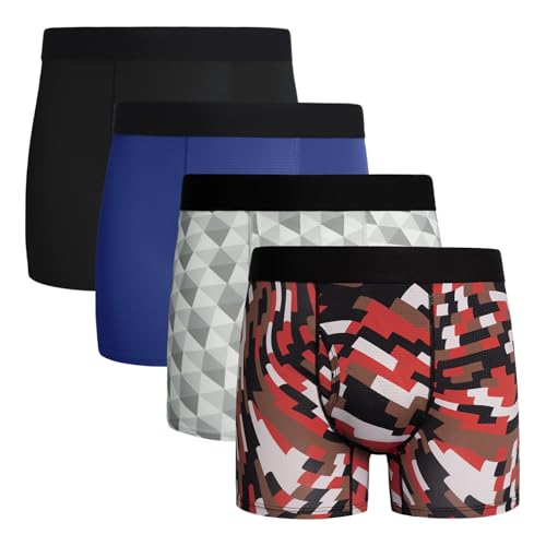 POPKOK Herren Unterwäsche Boxershorts Atmungsaktive Männer Mesh Trunk mit Fliege 4er-Pack (XL, Schwarz/Blau/Druckmuster)