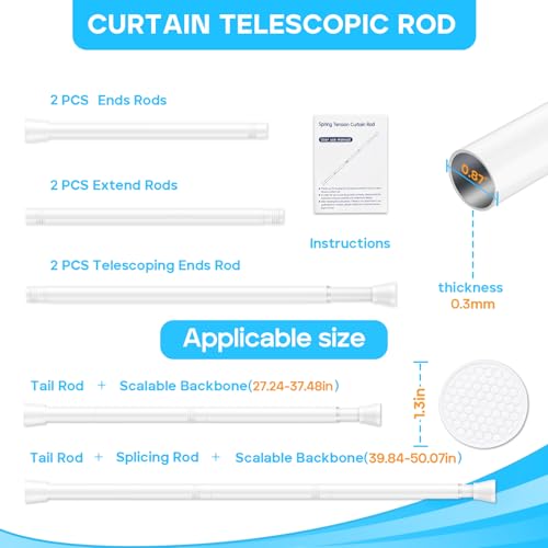 Image of 2 Pack White Tension Curtain Rod for Windows 28 to 48 inch, Adjustable Expandable Pressure Spring Curtain Rod No Drilling, 7 /8 inch Curtain Rod for Bedroom Doorway Closet Door
