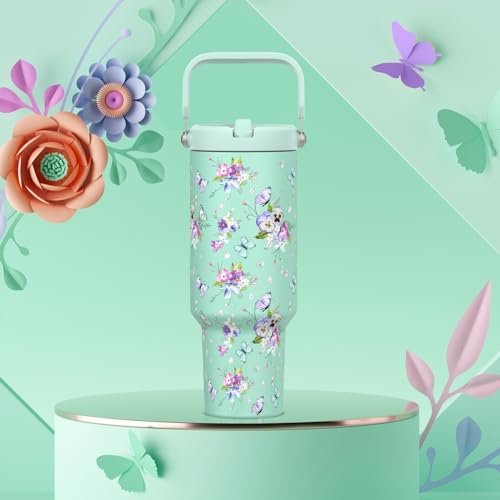 Image of 40 oz Tumbler with Handle and Straw, Vacuum Insulated Tumblers with Flip Straw and Top Handle, Reusable Insulated Cup for Home, Outdoors, Leakproof, Fits in Cup Holder, Cold for 30 Hours