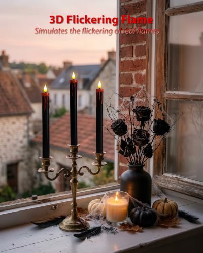 Image of Homemory Black Bleeding Real Wax Flameless Taper Candles, 9.6 Inch Battery Operated LED Candlesticks with Remote Control and Timer, Realistic Dripless for Halloween Spooky Dark Decor 2 Pack