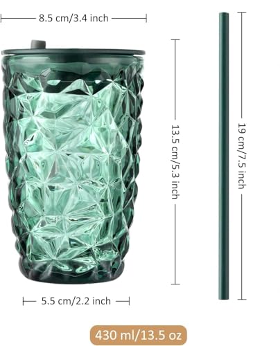 Image of Kamvy Printed Glass Milk Mug with Recipe Design (400ml) Pack of 1 | Transparent Drinking Glass for Coffee, Milk, Juice & Smoothies | Stylish Measuring Tumbler for Home & Kitchen (Diamond Green)