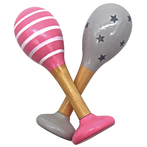 PREMYO Sonajeros Bebé Maracas - Juguete de Madera Infantiles - Instrumentos Musicales para Niñas - Estrellas Gris Rosa