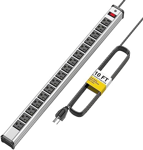 Long Surge Protector Power Strip,16 Outlet Heavy Duty Power Strip Metal Power Bar,10 FT Long Extension Cord with Circuit Breaker for Garage,Workshop,Industrial(125V/1875W, ETL Listed)