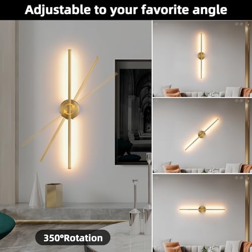 Image of Wall Sconces Battery Operated Set of Two, Gold LED Wireless Wall Sconce with Remote Control 350 Rotate, 27.6 Inch Dimmable USB Rechargeable wall Lights for Living Room Bedroom Hallway