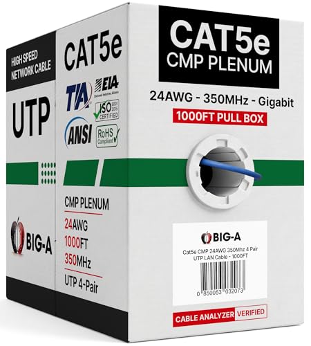 Big-A - Plenum Ethernet Cable 1000ft Bulk Cat5e Cable (CMP) Gigabit Solid Network Wire 350MHz Cat5e Ethernet Cord Unshielded Twisted Pair (UTP) - Blue