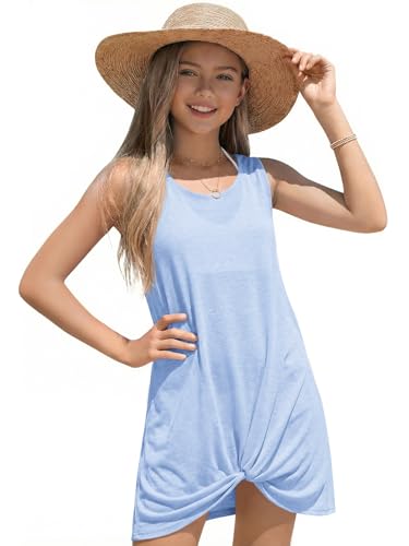 Haloumoning Girls Sleeveless Swim Cover Up Kids Summer Swimsuit Coverup Twist Front Beach Dress 5-14Y