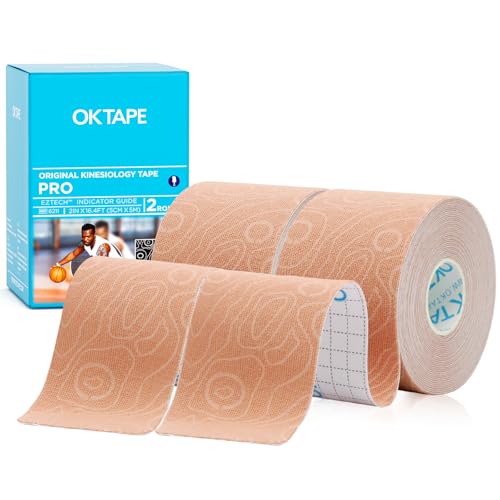 Image of OK TAPE Kinesiology Tape PRO Uncut Latex Free Tape 2in x 16.4ft 2Rolls | Sensitive Skin Friendly Latex Free Hypoallergenic Athletic Tape Roll for Muscle Joint Knee Waterproof Beige+Beige