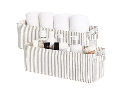 StorageWorks Narrow Storage Bins, Small Basket for Closet and Shelves, Fabric Organizer with Handles, Toilet Paper Storage, Gray and White Stripes, 2-Pack