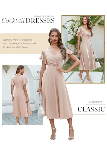 Dokotoo Womens V Neck Elegant Party Dress Short Sleeve Skater Dress Formal Wedding Guest Dress Apricot S thumb #2