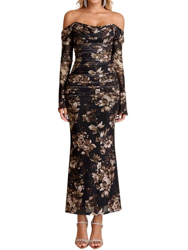 KUTUMAI Off Shoulder Long Sleeve Maxi Dress Corset Bodycon Ruched Cocktail Formal Wedding Guest Dresses for Women BlackFloral M