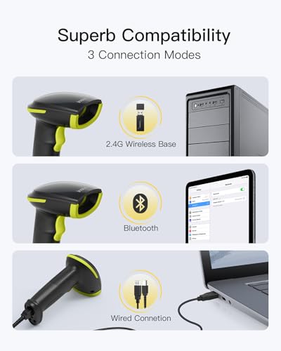 Image of Inateck 2D Barcode Scanner with Intelligent Stand, Wireless QR Code Scanner, Handheld Scanner with APP and SDK, 2D Imager with 2600mAh Battery, BCST-35 Green