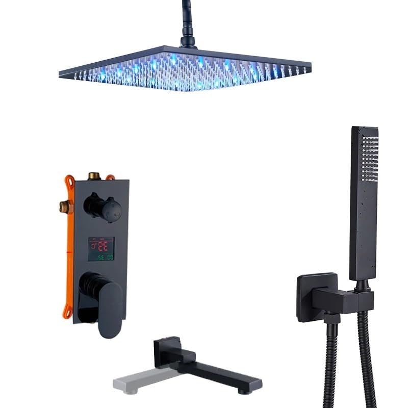 Ensemble de douche LED 16 pouces avec mitigeur mural noir pour jet pluie régulé