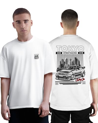 Image of Buy That Trendz Mens Oversized Tshirt Black & White Car Printed Crew Neck Cotton Drop Shoulder Half Sleeve Stylish Tshirt