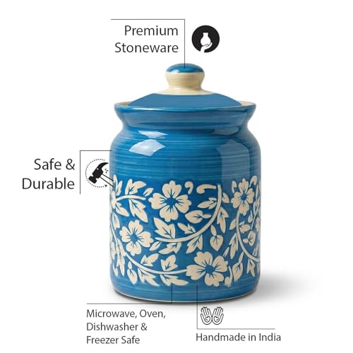Image of Ceramic Handmade Pickle Jars in 1000ml (set of 2) | Handpainted Floral Bale 1 kg Achaar Martban | Ceramic Jadi for Kitchen Storage (Set of 2) | Jars for Achar, Spices, Salt (Floral SkyBlue Bale)