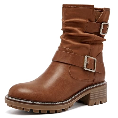 Women's Ankle Boots Slouchy Flat Ladies Booties Low Chunky Heeled Riding Combat Boot Comfortable Casual Round Toe Short Boots for Women.