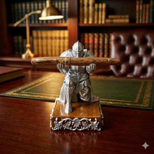 Image of Knight Pen Holder Sculpture Eco PLA Water Resistant Scratch Resistant Desk Organizer 5x4x3 Inches Satin Silk Metallic Finish Medieval Armour Decorative Tool Stand (Sacred Silver - Teak Wood)