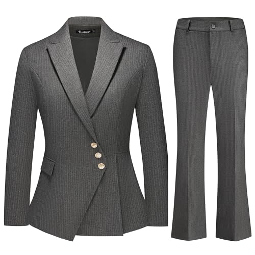 TRONSTORE Women's 2 Piece Pinstripe Suit Set Slim Fit Asymmetric