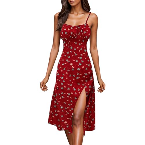 Damenkleid, lang, Blumenmuster, dünne Träger, Schlitzkleid, Damen,...