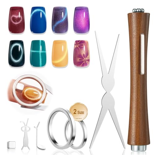 modelones Cat Eye Magnet 7PCS Gel Polish Tools Sizes Hollow Circle 3-in-1 | Dual Head Magnet Pen, Heart Ball Magnets for French Flower Moon Halo Nail Art, Home DIY Salon