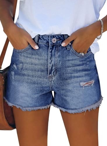 Image of onlypuff Womens Jean Short Cut Off Denim Shorts High Waist Ripped Distressed Stretchy