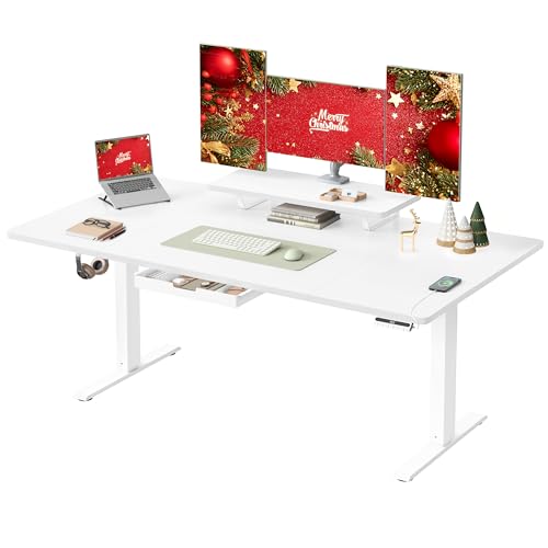 VASAGLE Escritorio Eléctrico Ajustable en Altura, 160 x 80 cm, para Trabajar de Pie, Soporte para Monitor, Cajón, Puerto USB-C, Recordatorio de Sedentarismo, para Oficina, Blanco Nube LSD156WB01