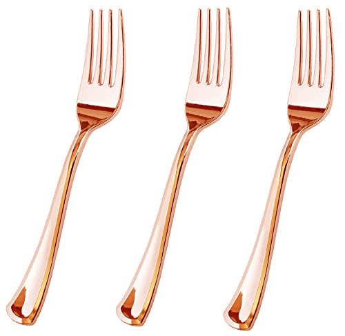JL Prime Lot de 50 fourchettes en plastique or rose, ensemble de couverts jetables robustes pour fête et mariage, 18 cm de long, couverts en plastique or rose