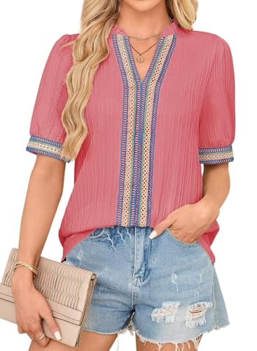 Womens Summer Tops Short Sleeve Lace V Neck Shirts Business Casual Flowy Boho Blouses Dressy Work Outfit Trendy 2025