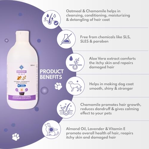 Image of PET360 Groom+ 4-In-1 Oatmeal Chamomile Dog Shampoo For All Coat Type | Detangle & Moisturize For Smooth & Itch-Free Hair With Aloevera | Sulphate & Parabens Free, 500 Milliliter