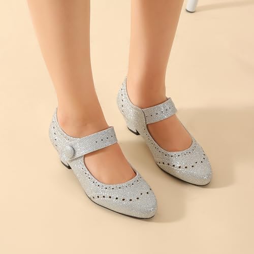 Women's Low Chunky Heel Ankle Strap Cut Out Closed Toe Pumps Hook and Loop Retro D'Orsay Vintage Dressy Wedding Party Church Shoes Silver Glitter 40-8.5US4