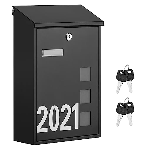 LAND·VOI Wall Mounted Mailbox with 4 Keys, Post Box for Wall and Fence, Viewing Windows, Nameplate, Easy to Install, 3.94 x 9.8 x 15.6 Inches, Large Capacity, Includes Mailbox Numbers, Matt Black