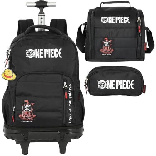 Mochila Infantil Rodinhas One Piece com Lancheira e Estojo Triplo Preto