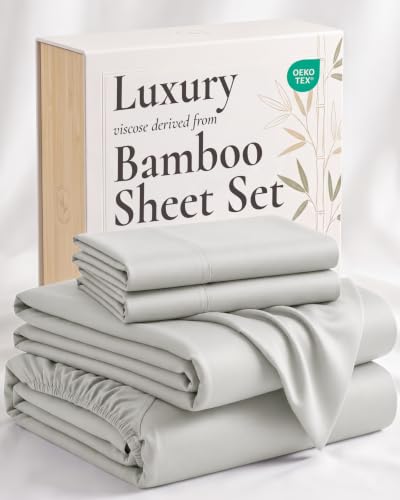 Image of Hotel Sheets Direct 4 Piece Bed Sheet Set Full Size, 100% Viscose Derived from Bamboo Sheets Set with 2 Pillowcases, Cooling & Breathable Luxury Bedding, Moisture-Wicking & Silky Soft, Light Gray